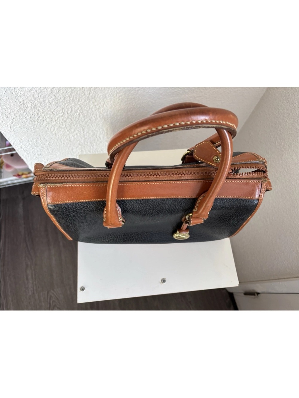 Dooney & Bourke Black Leather Satchel with Brown Trim - Picture 3 of 5